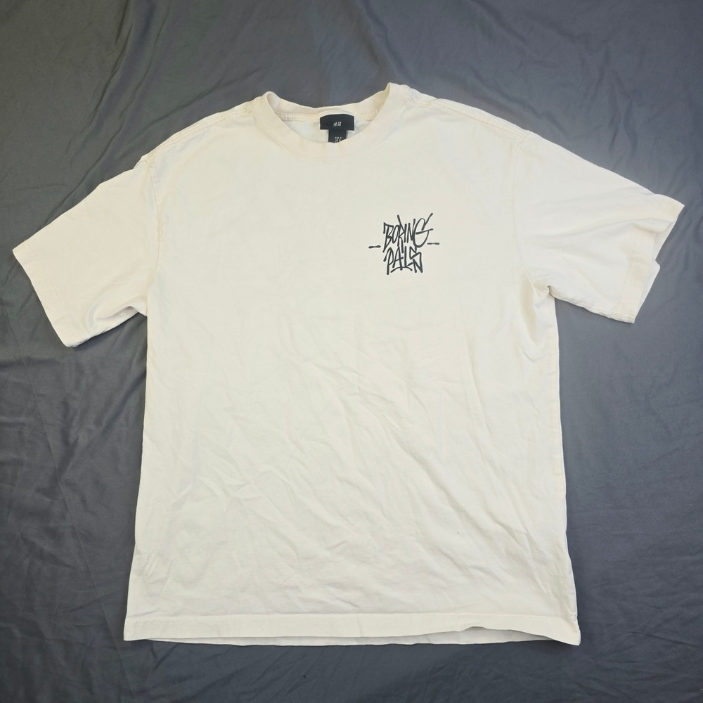 H&M Men's Relaxed Fit Boring Pals Graphic T-Shirt Size M Cream Streetwear Tee A7